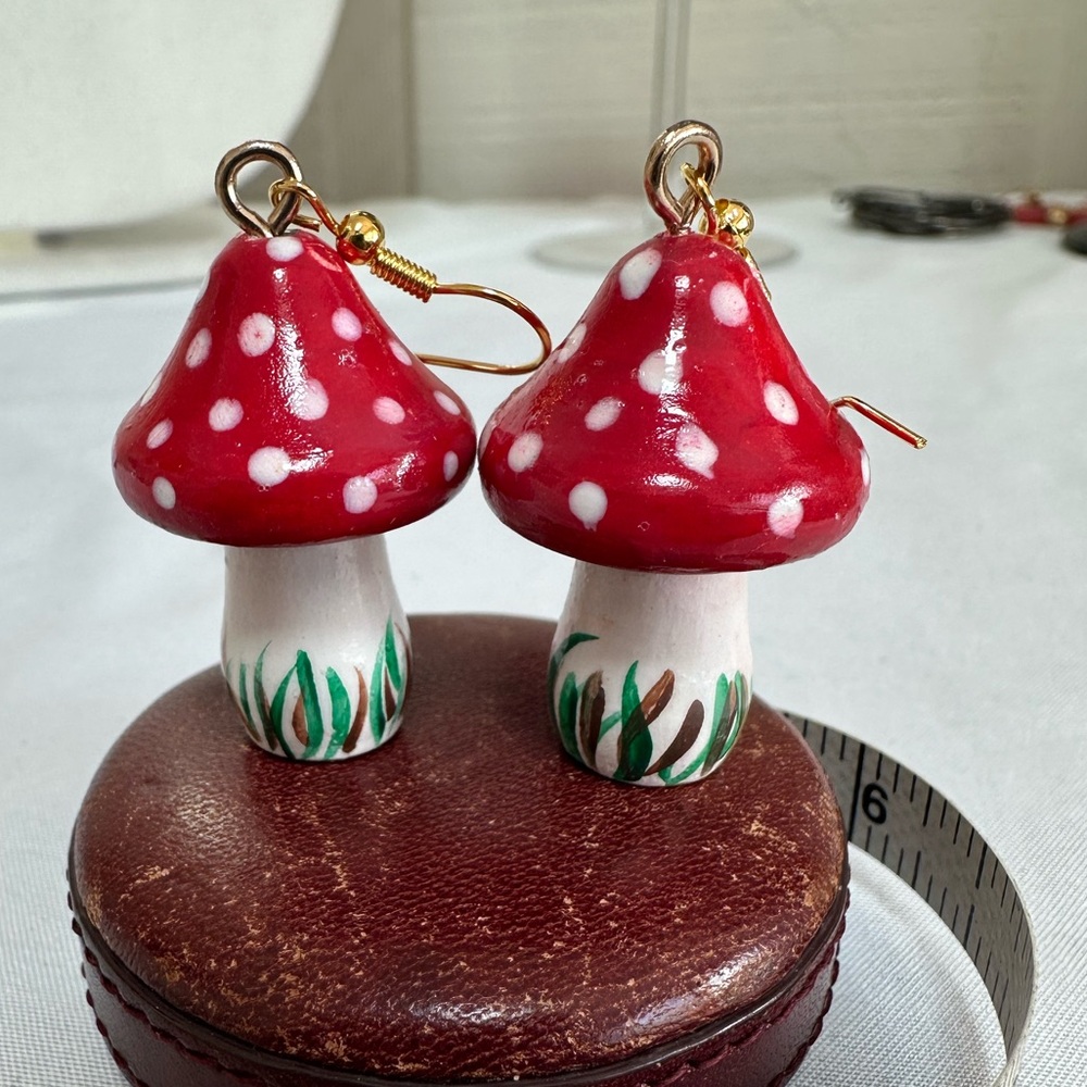 Red and white cap mushroom earrings